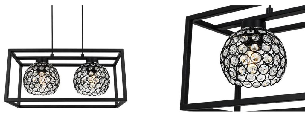 Závesné svietidlo Crystal Cage, 2x čierne krištáľové tienidlo v kovovom ráme