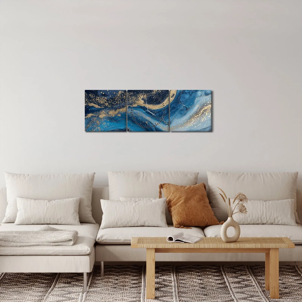 Obraz - Modrozlatý abstraktný mramor (s hodinami) (90x30 cm)