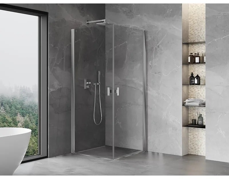 Mexen Mist-B Duo, 2-krídlový výklopný sprchový kút 80 x 80 cm, číre sklo, chrómový profil, 8A2-080-080-01-00