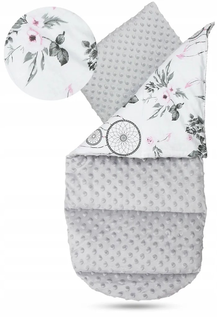 Obojstranné hniezdočko (kokon) pre bábätko - BABYMAM PREMIUM set 7v1 - Lapač snov so sivou Minky