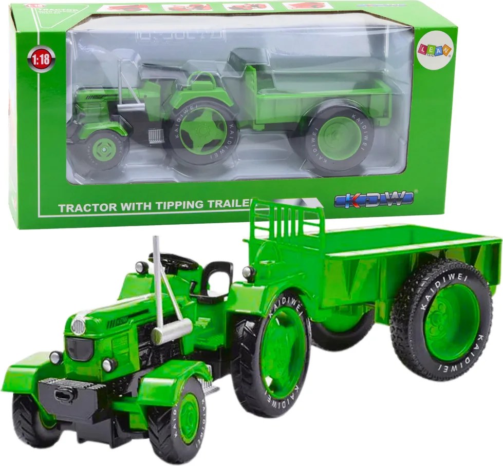 LEAN Toys Kovový poľnohospodársky traktor s prívesom, zelený 1:18