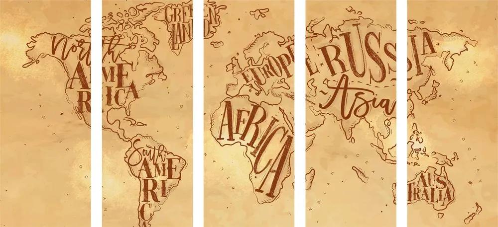 5-dielny obraz abstraktná mapa celého sveta vo vintage prevedení