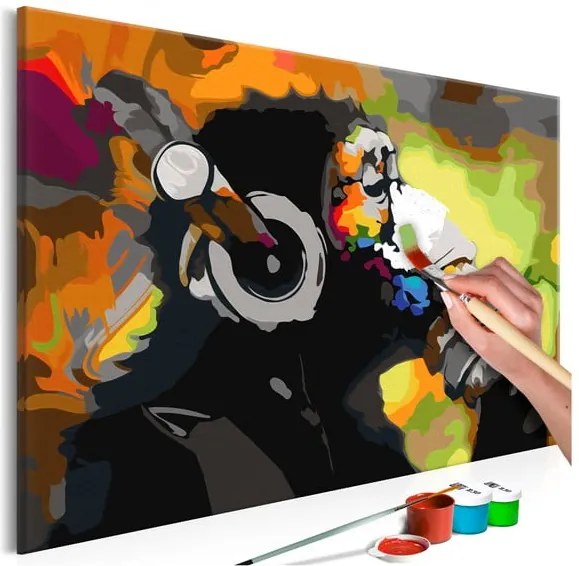 DIY set na tvorbu vlastného obrazu na plátne Artgeist Monkey Headphones, 60 × 40 cm