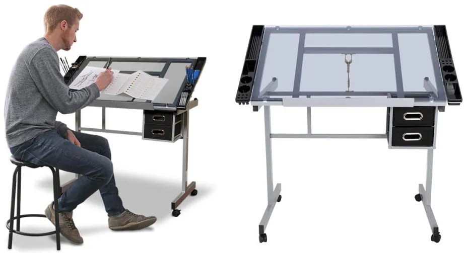 Rysovací stôl so sklopnou sklenenou doskou