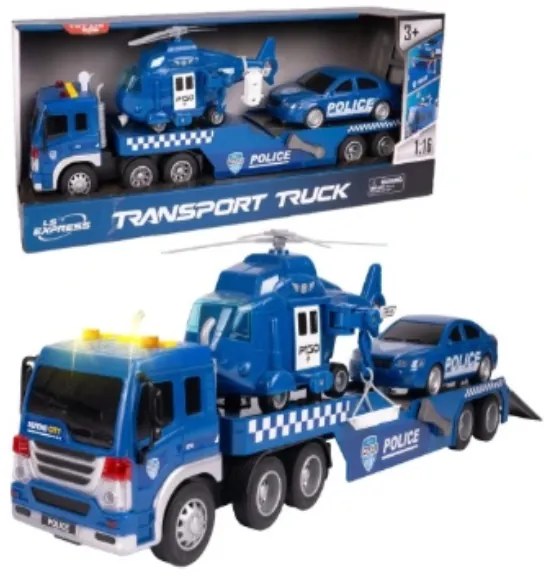 Policajný transportér s helikoptérou a autom