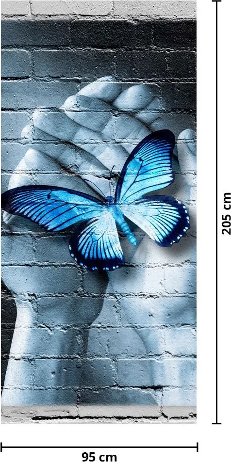 Fototapeta na dvere - Modrý motýľ na stene (95x205cm)