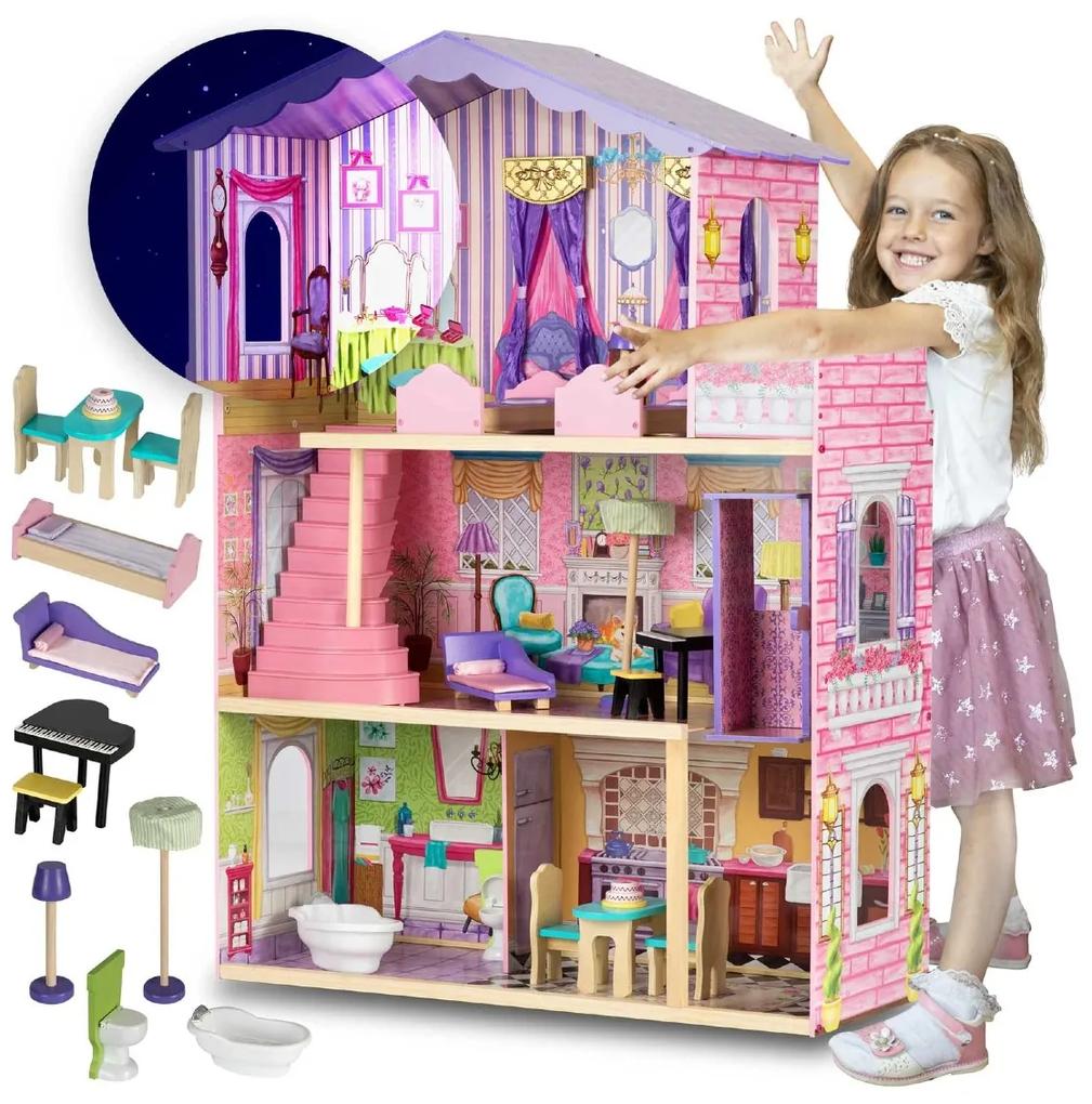 Drevený domček pre bábiky + nábytok + výťah | ružový