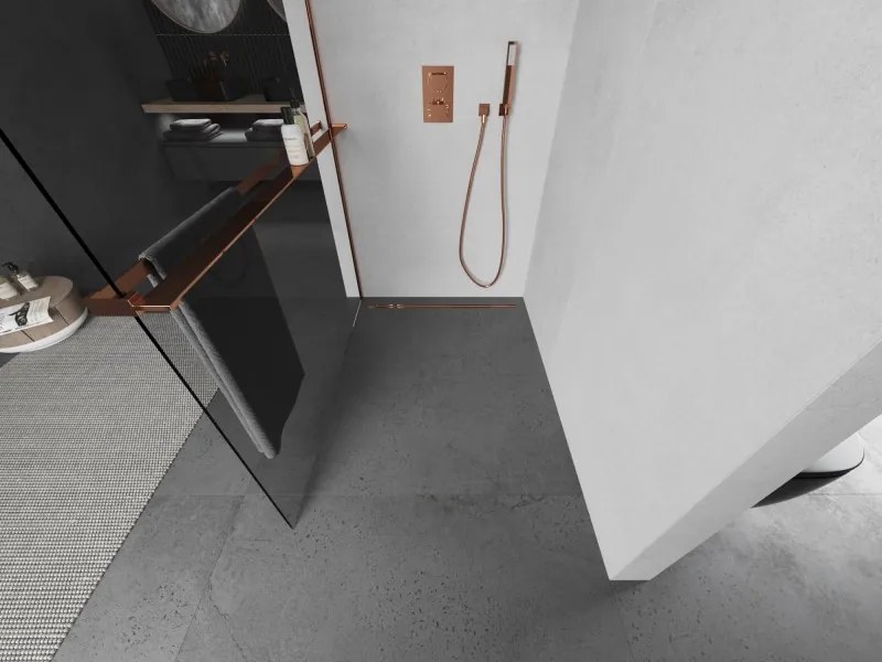 Mexen Kioto+ L, sprchová zástena Walk-In s poličkou a vešiakom 85 x 200 cm, 8mm číre sklo, ružové zlato profil, 800-085-123-60-00