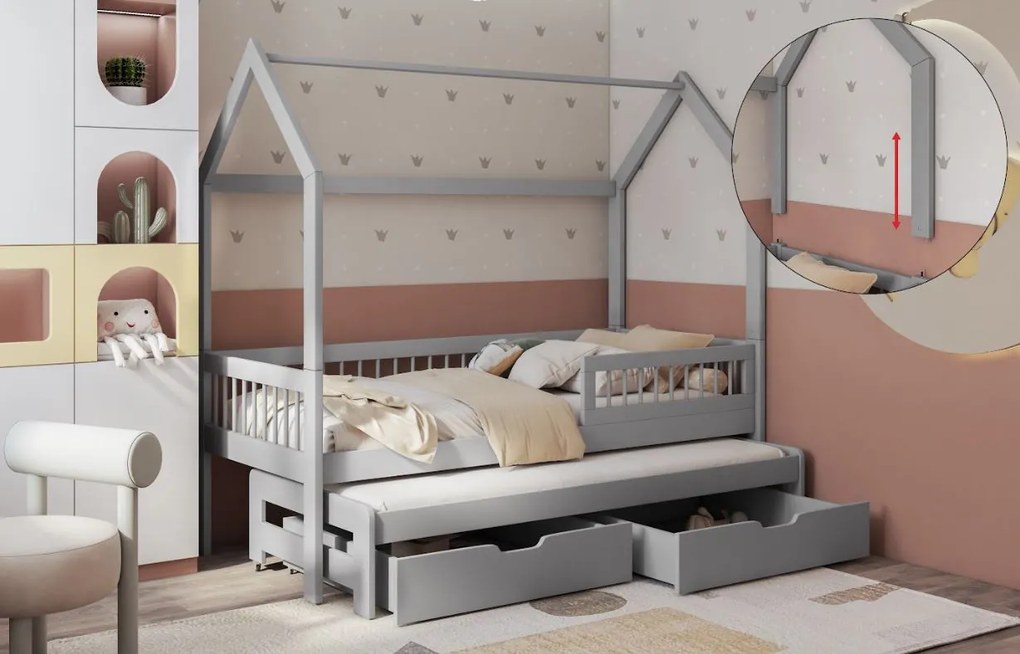 Detská domčeková posteľ z masívu borovice ASHER II so šuplíkmi a prístelkou - 200x90 cm - šedá