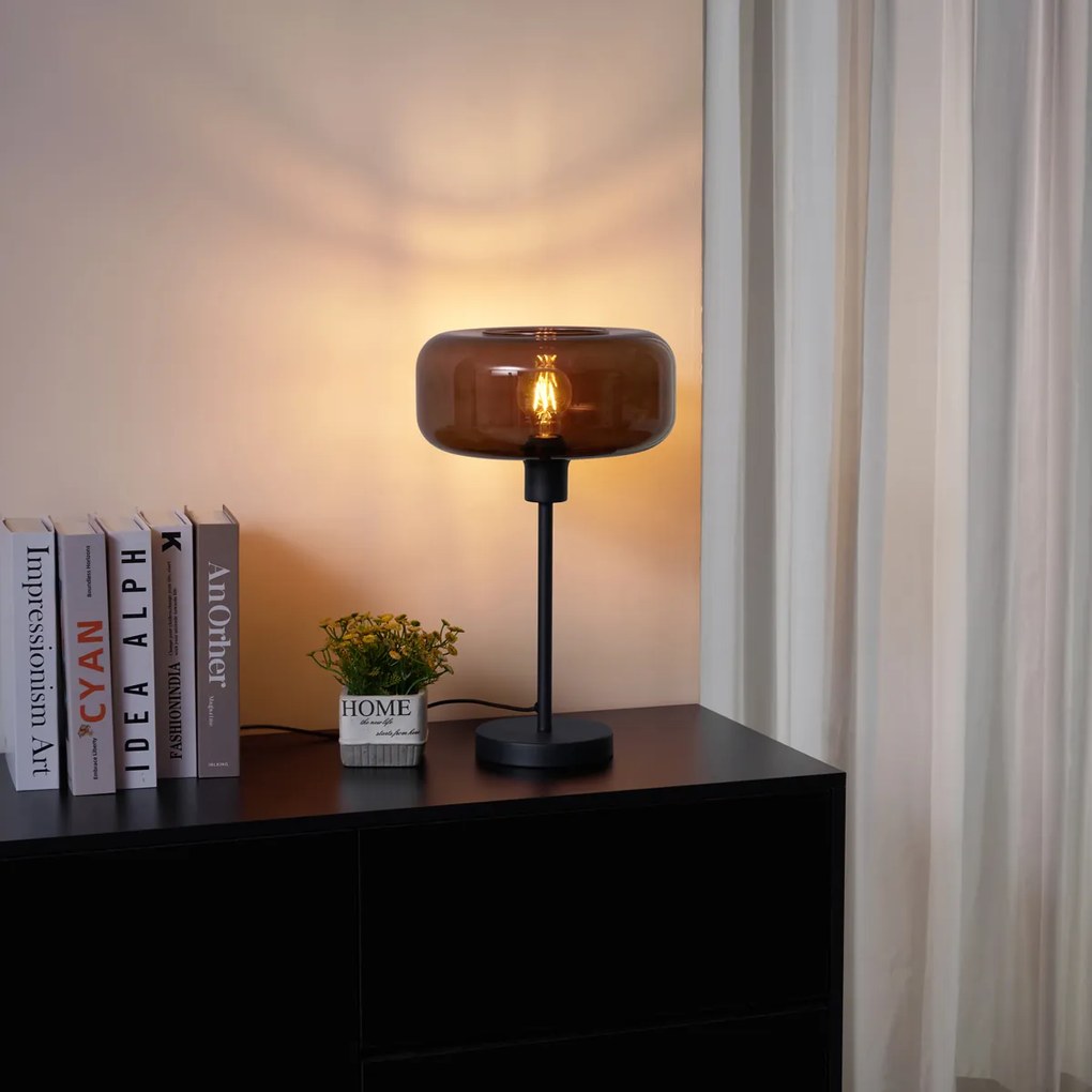 Retro stolová lampa čierna s bronzovým sklom - Bizle
