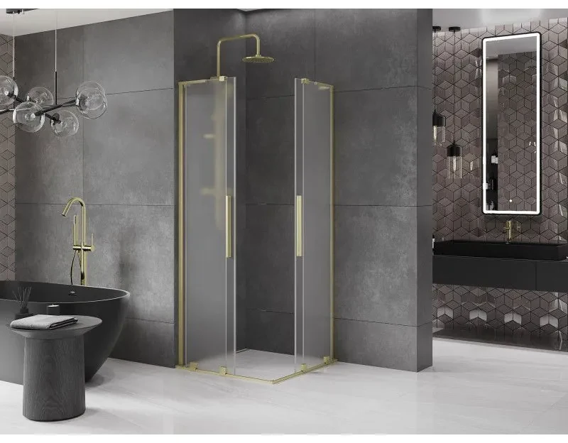 Mexen Velar L Duo, sprchový kút s posuvnými dverami 90 x 90 cm, 8mm sklo námraza, zlatá matná, 871-090-090-02-33-55