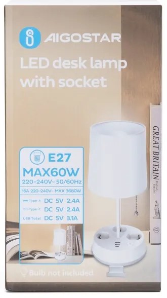 Aigostar - Stolná lampa so zásuvkami a USB portami 1xE27/60W/230V biela