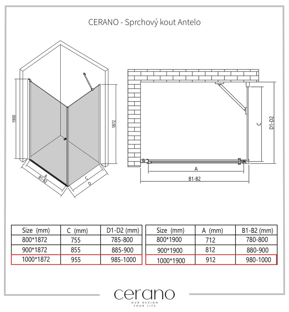 Cerano Antelo, 1-krídlový sprchovací kút 90(dvere) x 30(stena) x 190 cm, 6mm číre sklo, čierny profil, CER-CER-477260