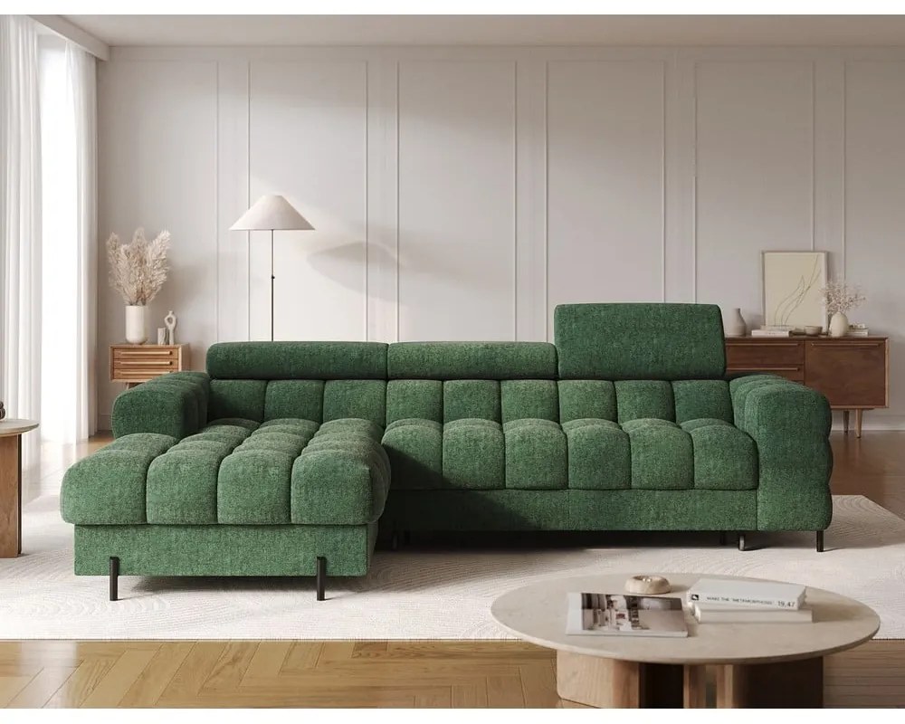 Zelená rozkladacia/s úložným priestorom rohová pohovka z textílie buklé (ľavý roh/s leňoškou) Felro – ELTAP