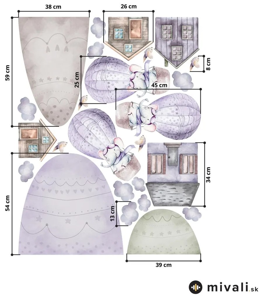 Samolepky na stenu - Slony v balónoch