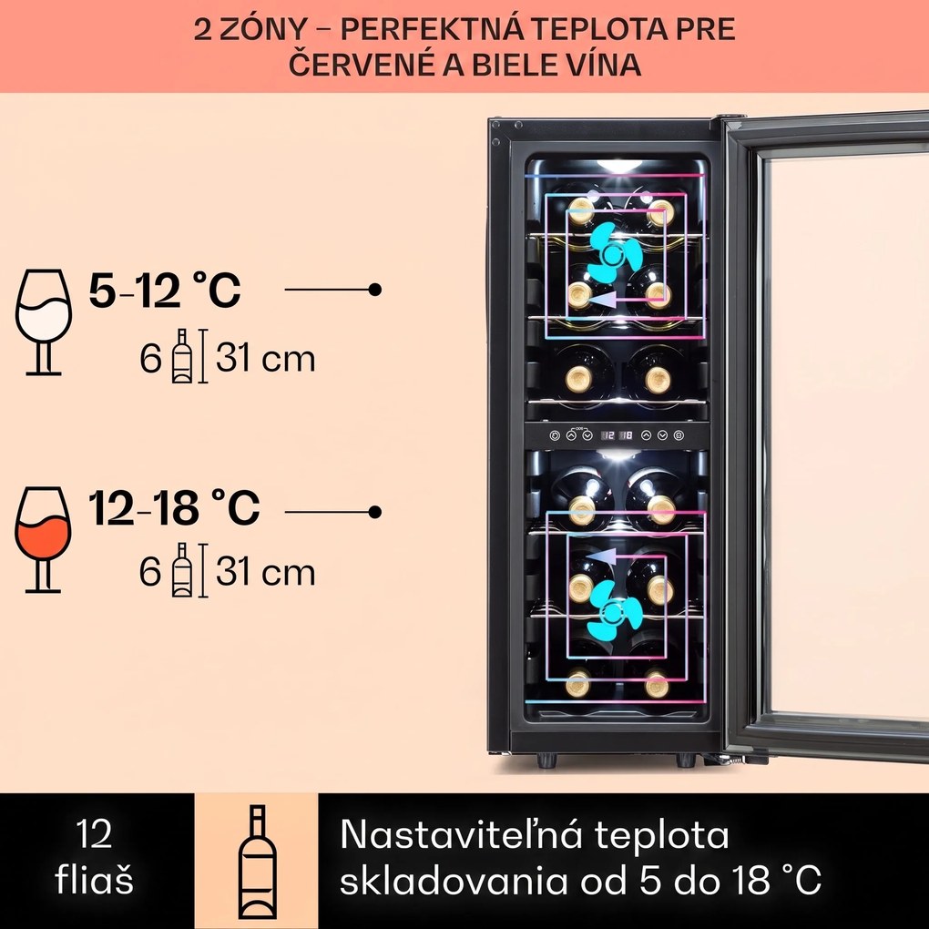 Klarstein Shiraz 12 Duo vinotéka 2 zóny 42L/12 fliaš 5-12 / 12-18 °C Touch