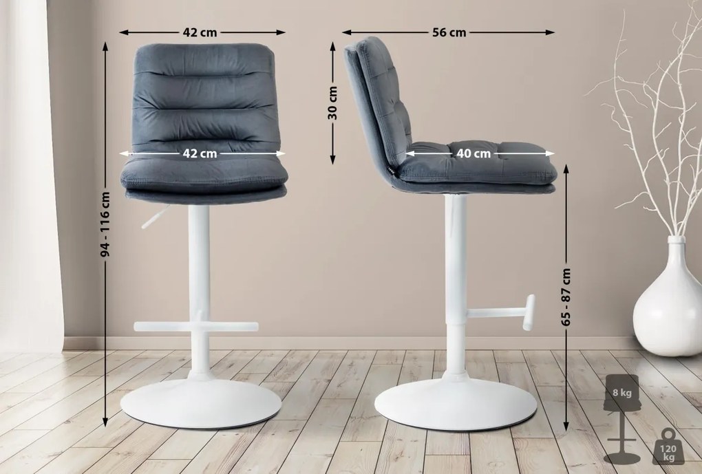 Barová stolička Damar - zamat, biely rám - tmavo šedá