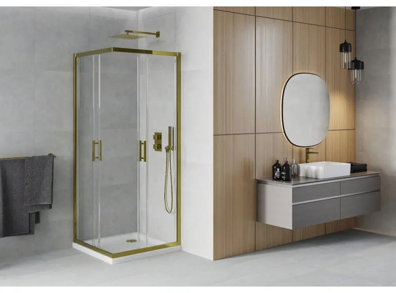 Mexen Rio, štvorcový sprchovací kút s posuvnými dverami 70(dvere) x 70(dvere) x 190 cm, 6mm číre sklo, zlatý profil + sprchová vanička SLIM so zlatým sifónom, 860-070-070-50-00-4010G