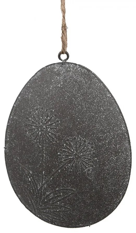Šedé plechové závesné vajíčko s kvietkom - 10*2*8 cm