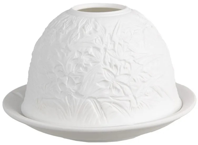 Biely porcelánový svietnik na čajovú sviečku s kvetinami a vtáčikmi Paollo - Ø 12*8 cm