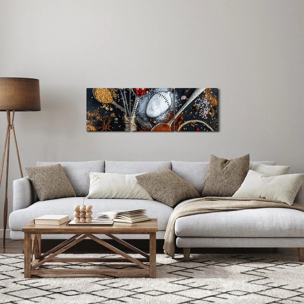 Obraz lyžíc s korením (s hodinami) (90x30 cm)