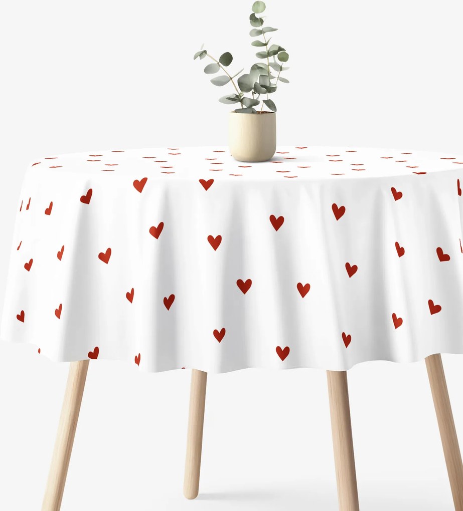 Goldea okrúhly obrus 100% bavlnené plátno - červené srdiečka na bielom Ø 160 cm