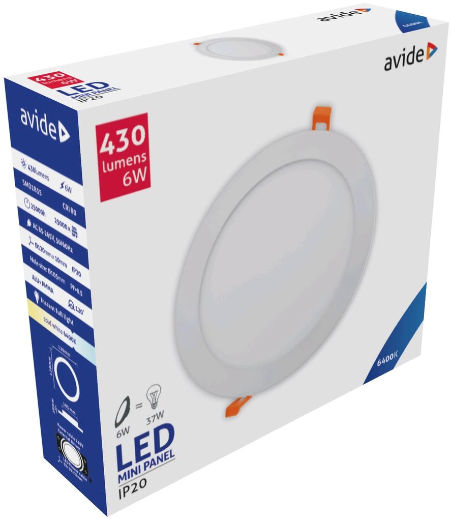 AVIDE Zápustný LED panel, 6W, studená biela, 12cm, okrúhly, biely