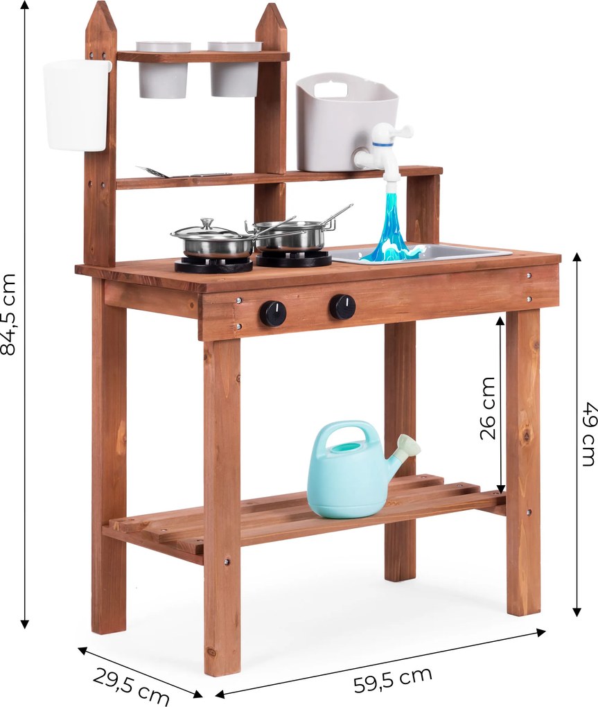 ECOTOYS Detská blátová kuchynka z jedľového dreva s vodovodným kohútikom a príslušenstvom