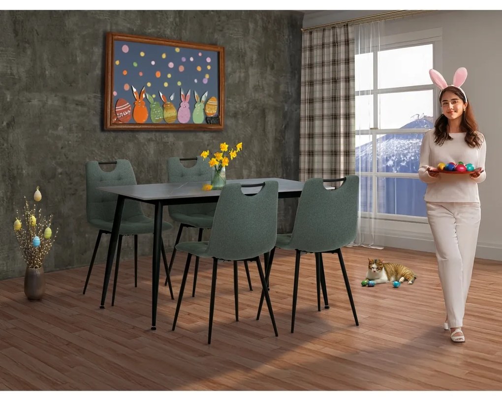 Jedálenský set s keramickou doskou a 4 stoličkami,zelená