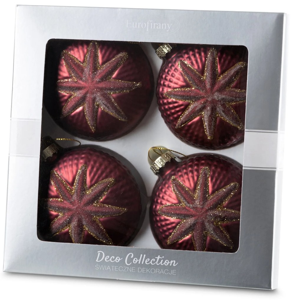 SKLENENÁ VIANOČNÁ BANKA NA STROMČEK SADA 4 KS (FI) 8 CM BORDOVÁ