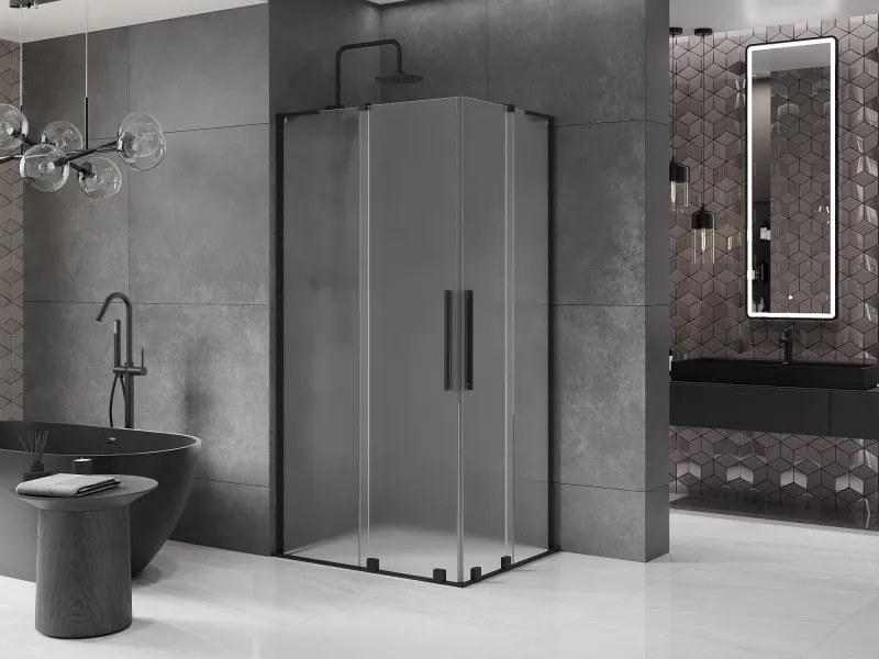 Mexen Velar L Duo, sprchový kút s posuvnými dverami 90 x 80 cm, 8mm sklo námraza, čierna matná, 871-090-080-02-33-70