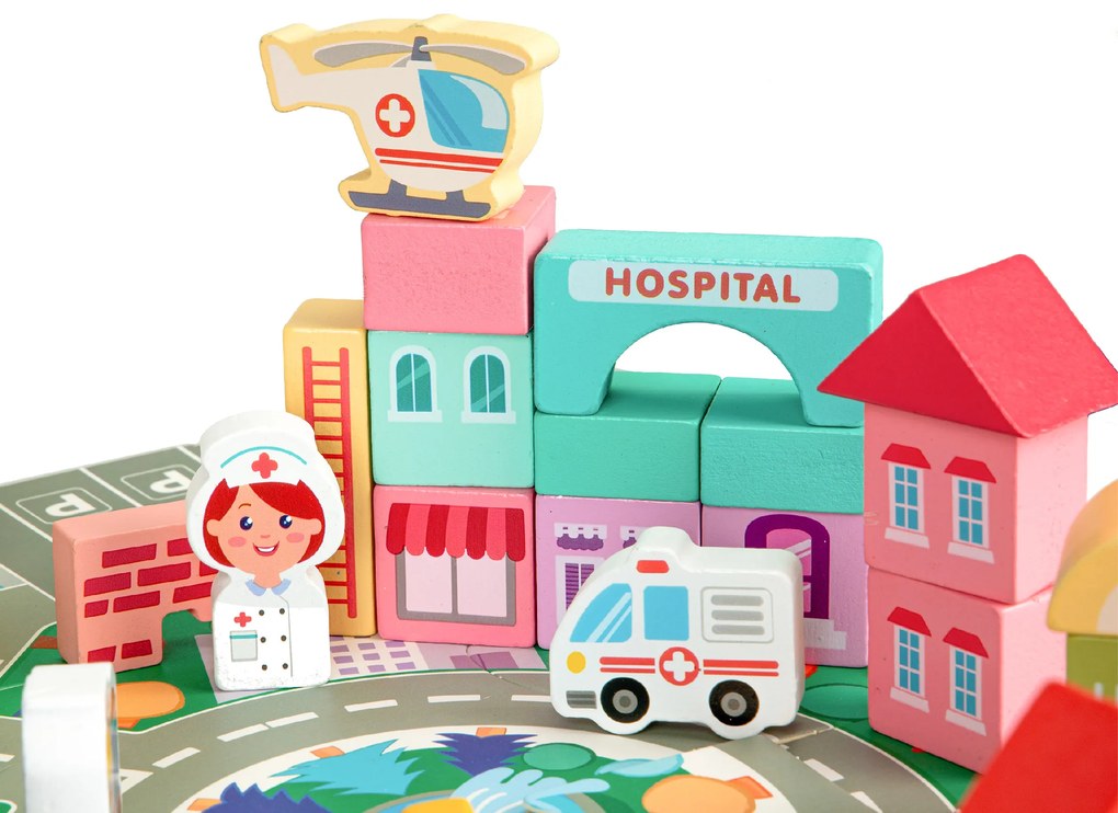 WELLHOX Drevené vzdelávacie bloky city mat 121 ks