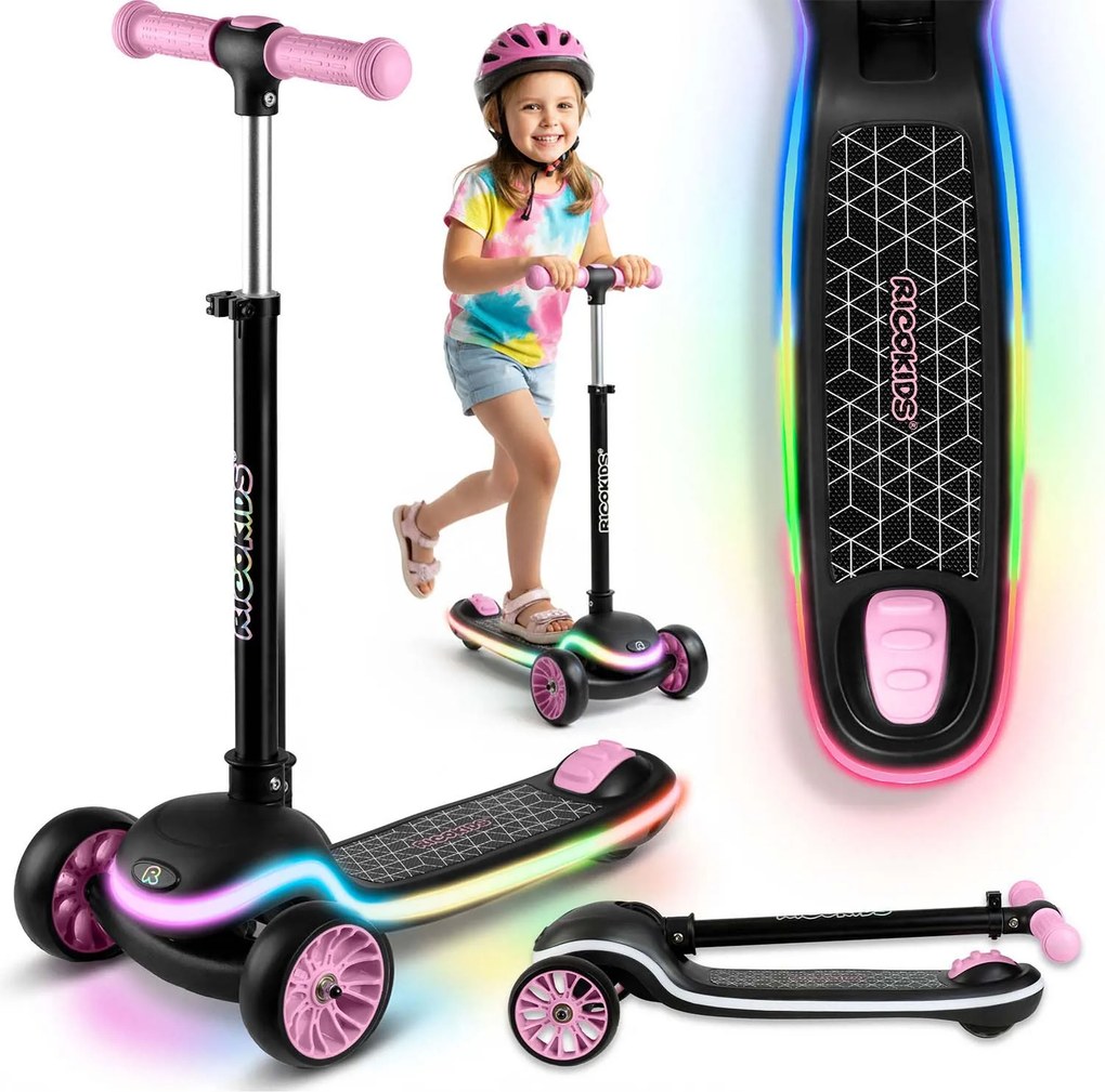 Ricokids Leddi LED balančná Kolobežka pre deti - čierno-ružová