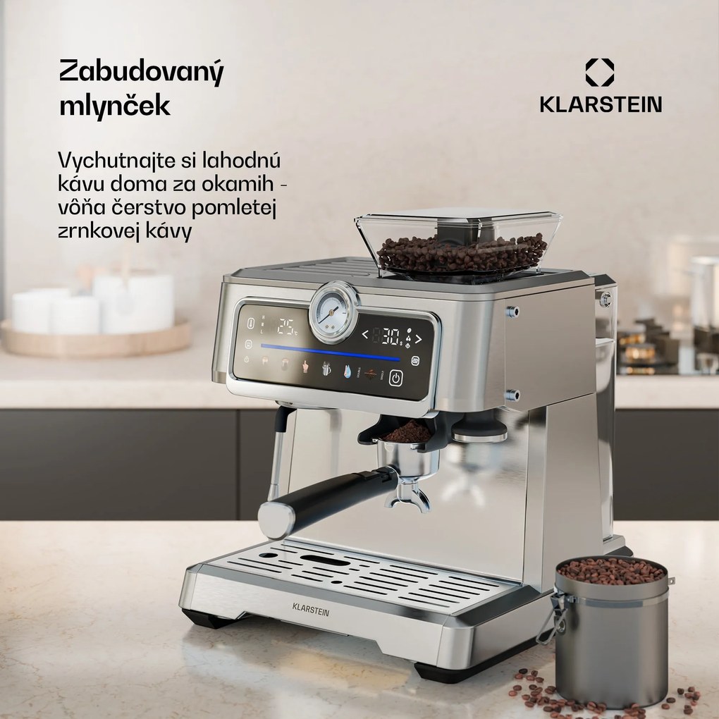 Klarstein GrandPresso Touch kávovar, 20 barov, integrovaný mlynček, indikátor tlaku, mliečna pena