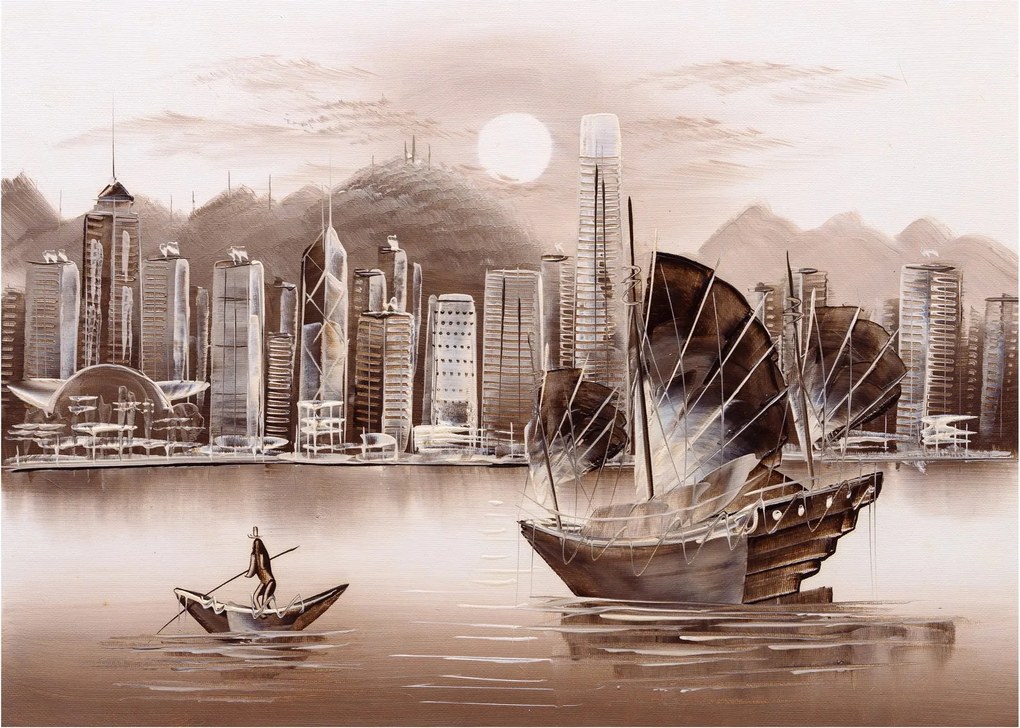 Obrázok - Victoria Harbor, Hong Kong, sépiový efekt (70x50 cm)