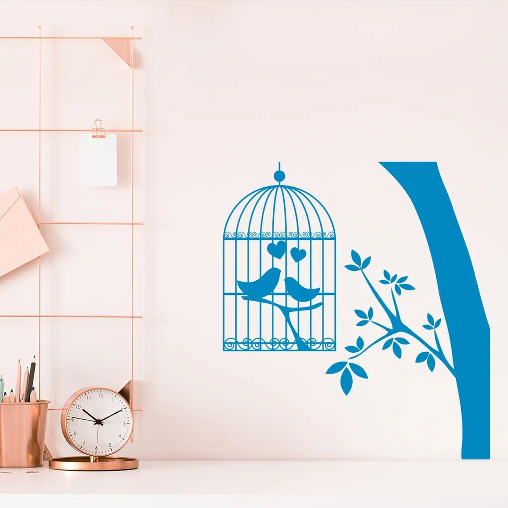 Veselá Stena Samolepka Zamilované vtáčiky v klietke Farba: hnedá, Veľkosť: 40 x 35 cm