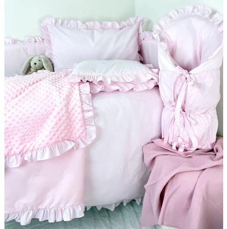 5-dielna súprava do postieľky Ružová s volánikom – 100% bavlna & minky, ideálne pre dievčatko