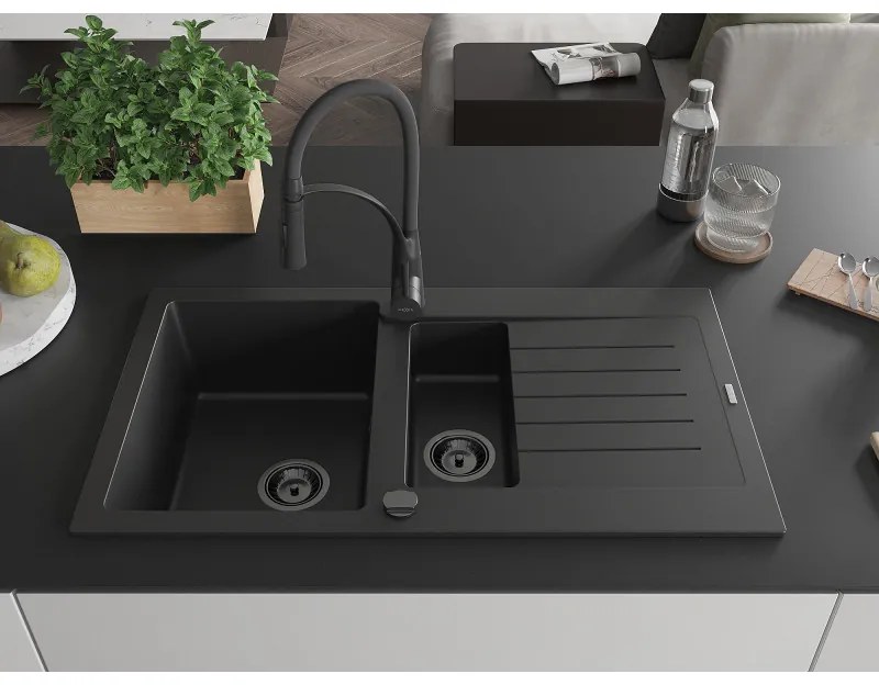 Mexen Matias, granitový drez 900x505x200 mm, 1,5-komorový a drezová batéria Aster, čierna, 6502-77-73450-70-B