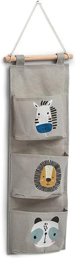Závěsný kapsář, 3 kapsy, dřevěné madlo, nástěnný organizér , motiv zvířata, XL - 35x82