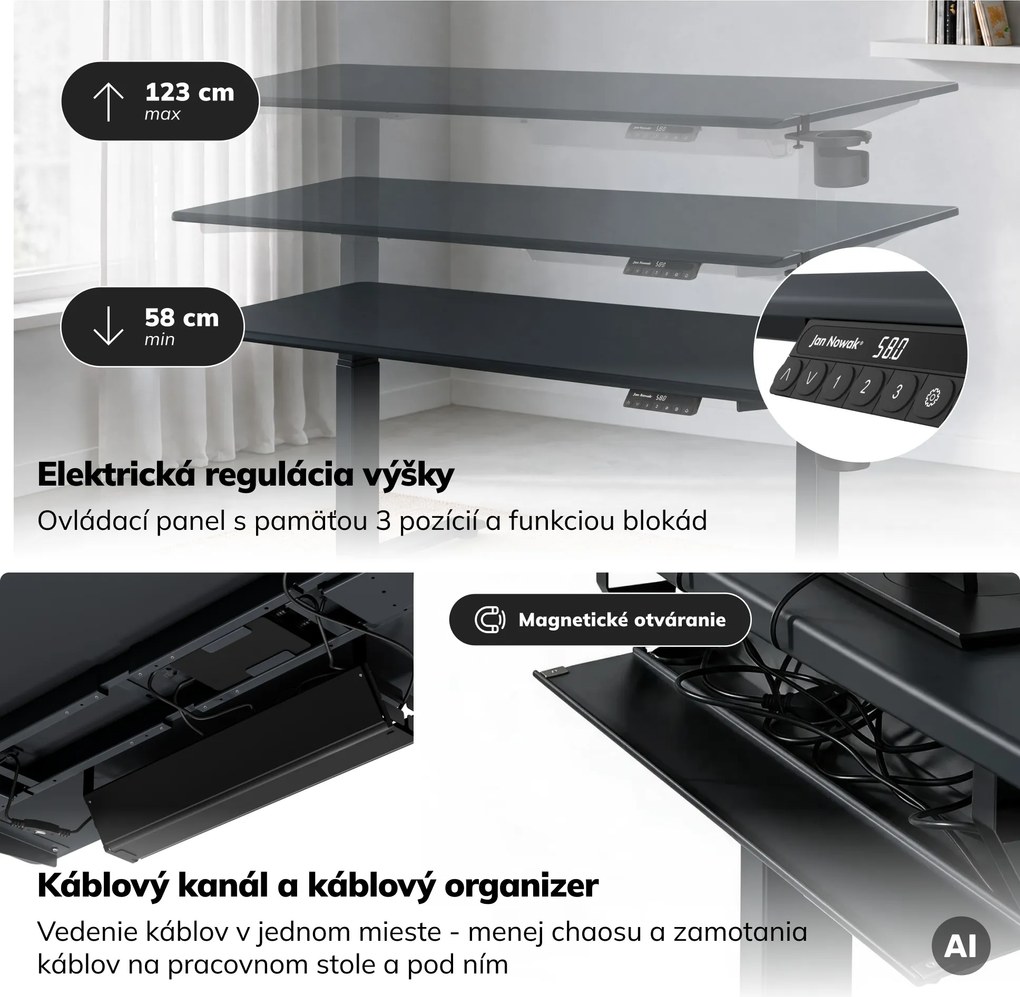 Elektrický stôl s reguláciou výšky ergonomický antracitový,1600x800 mm: ARIA