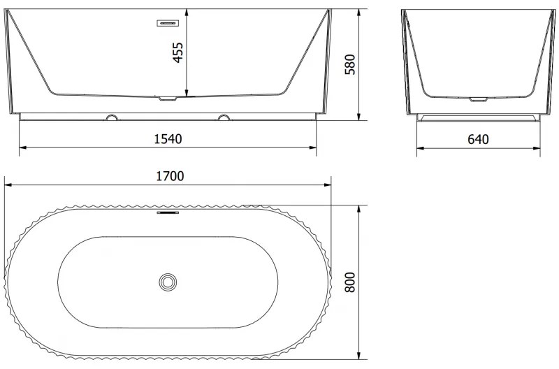 Mexen Paola, voľne stojaca vaňa, drážkovaná, 170 x 80 cm, biela lesklá, čierna matná, 52721708000-70