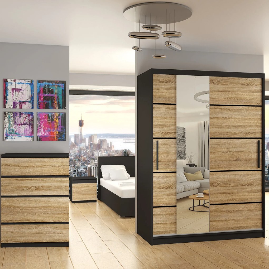 Šatníková skriňa 133 cm Belini čierny mat / dub sonoma s posuvnými dverami zrkadlom a zásuvkami MBP SZP6/1/B/DS/0/KLP