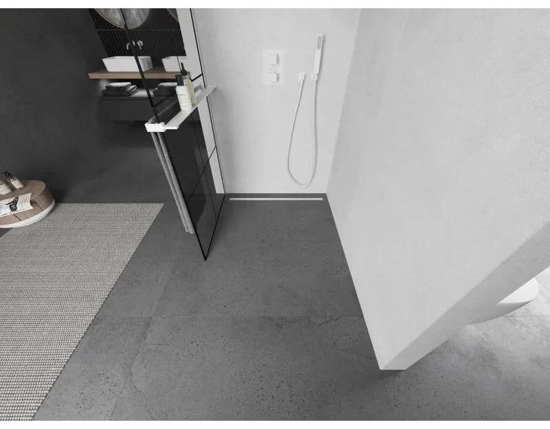 Mexen Kioto+ L, sprchová zástena Walk-In s poličkou a vešiakom 70 x 200 cm, 8mm číre sklo čierny vzor, biely profil, 800-070-123-20-77