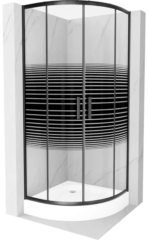 Mexen Rio, štvrťkruhový sprchovací kút s posuvnými dverami 80(dvere) x 80(dvere) x 190 cm, 6mm číre sklo s pásikmi, čierny profil + biela sprchová vanička RIO, 863-080-080-70-20-4710