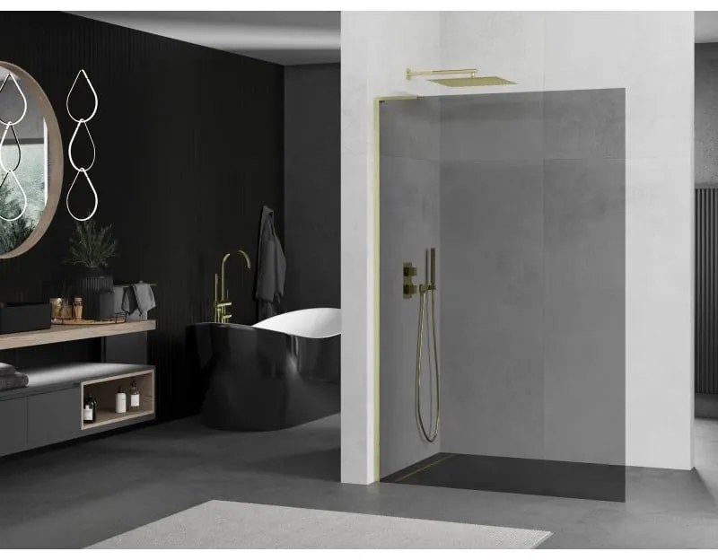 Mexen Kioto L, sprchová zástena Walk-In 80 x 200 cm, 8mm šedé sklo, zlatý matný profil, 800-080-103-55-40