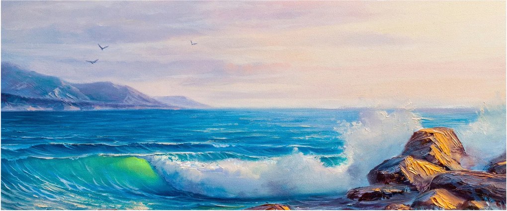 Obraz vĺn narážajúcich na útesy, olejomaľba (120x50 cm)