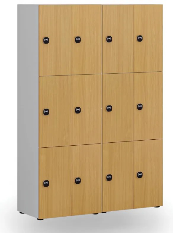 Drevená šatníková skrinka S4 s úložnými boxmi, 6 boxov, demont, RFID zámok, sivá/buk