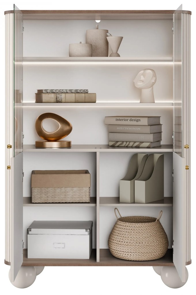 Vitrína Vesper 103 cm štvordverová - kašmír / orech / zlaté úchytky / guľaté nohy