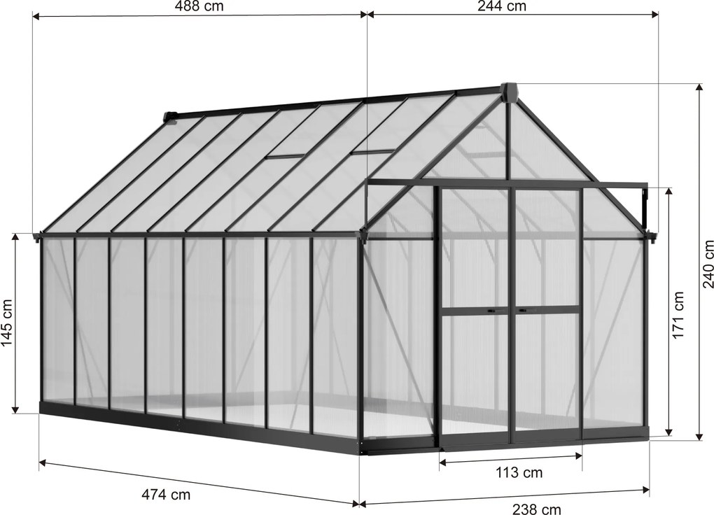 Skleník 240 x 244 x 488 cm, zosilnená konštrukcia, polykarbonát 6 mm