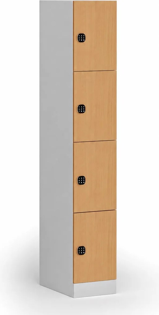 Šatníková skrinka S1 s úložnými boxmi, 4 boxy, 1850 x 300 x 500 mm, kódový zámok, laminované dvere, buk